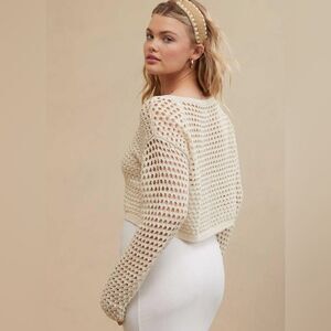 Aerie Women’s Open Knit Crochet Vacay Beige Metallic Thread Pullover Sweater XS